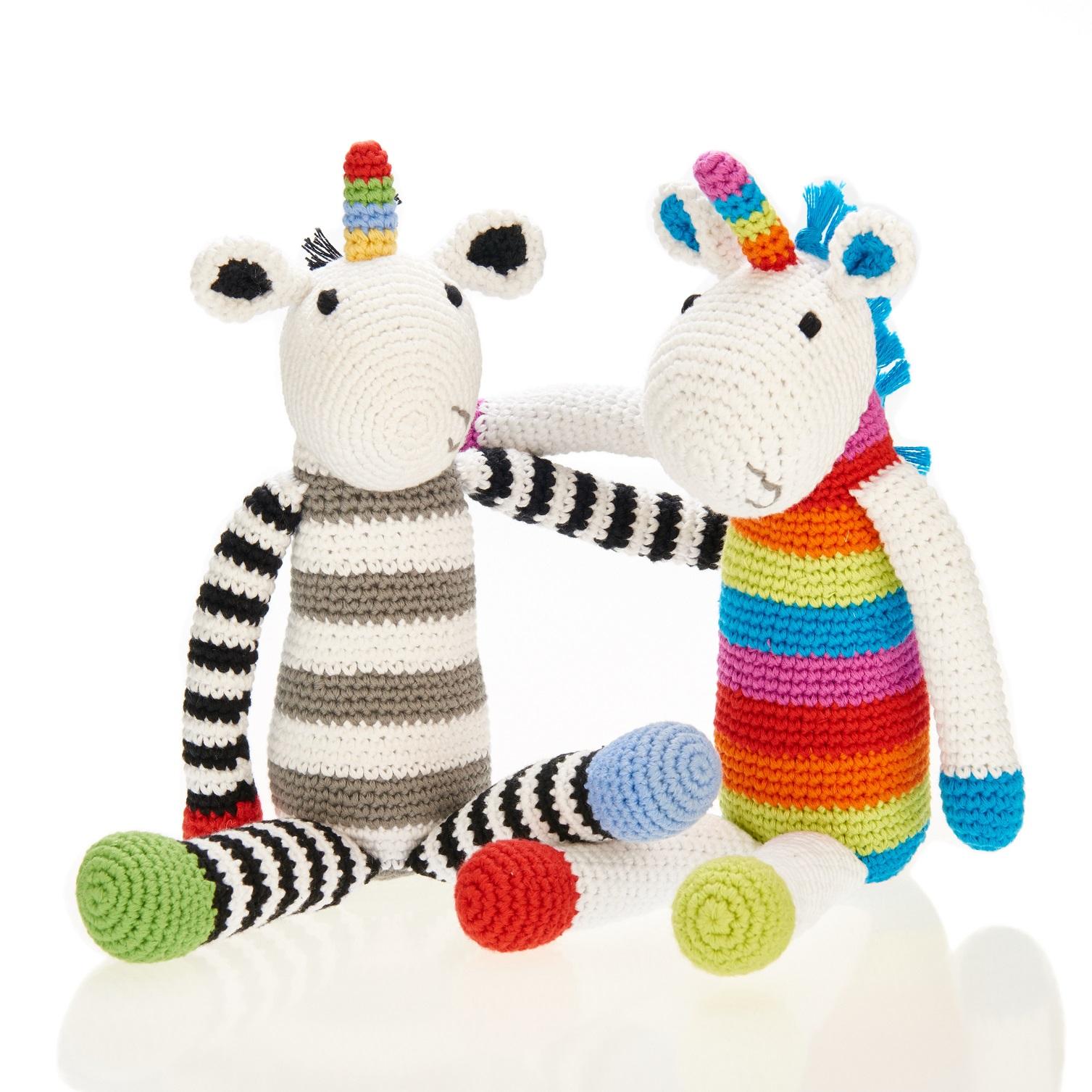Fair Trade Crochet Cotton Black & White Stripe Unicorn Toy with colourful strip horn